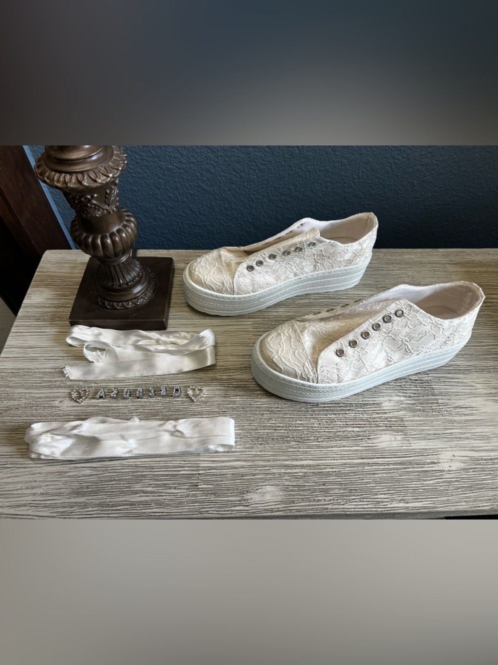 Stilo Lace Bridal Glitter Platform Slip-On Sneakers in White